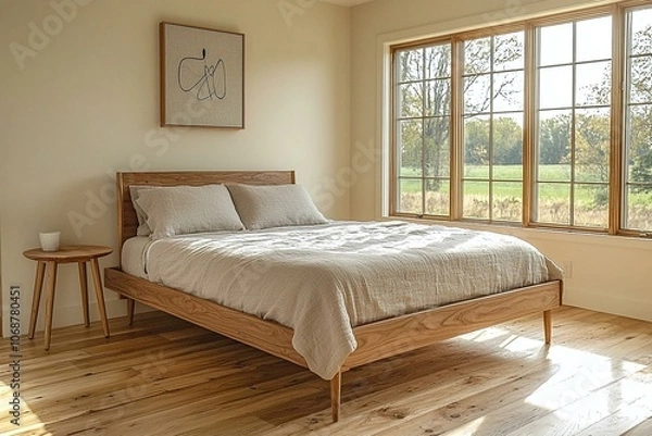 Fototapeta Minimalist, mid century modern interiors in a residential bedroom with walls and beds with art frames hanging on it. Generative AI
