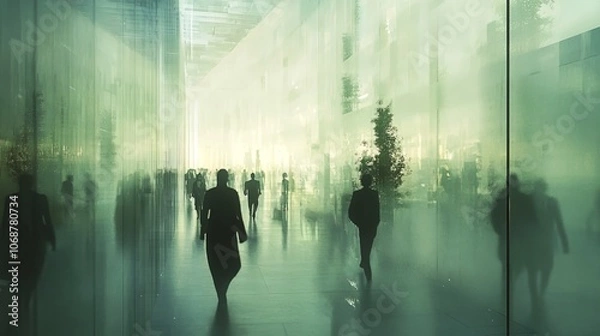 Fototapeta People stroll through a sleek, glass-encased office building, their figures obscured by a hazy filter. 