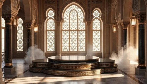 Fototapeta Opulent Islamic-inspired podium: A sacred, pristinely empty stage