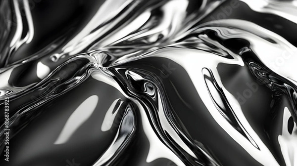 Fototapeta A high-gloss silver and black abstract artwork with fluid chrome-like reflections and dynamic swirls.