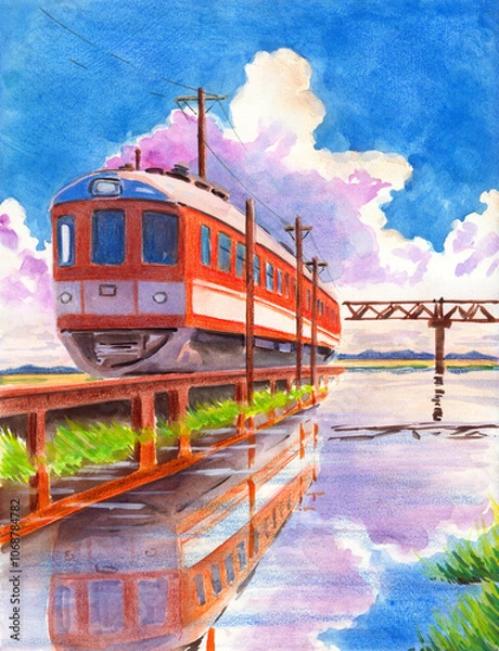 Obraz Watercolor and colored pencil illustration of a train traveling on a bulk railway across a lake, with a bridge in the background (This illustration was drawn by hand without the use of generative AI!)