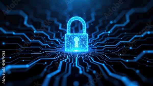 Fototapeta A digital illustration of a locked computer system with glowing blue cybernetic circuits surrounding it, symbolizing cybersecurity and protection from data breaches.