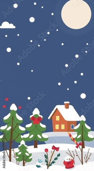 Fototapeta A charming winter scene with a cozy cottage, snow-covered trees, and a cheerful snowman under a bright moon.