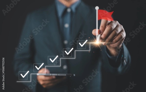 Fototapeta Business success and goal achievement steps. Businessman drawing checkmarks on virtual staircase steps toward achieving goals, ending with red flag as success marker. Planning, progress, goal setting,
