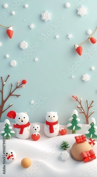 Fototapeta Three snowmen stand in a winter wonderland with red scarves, red ornaments,  and snow-covered trees.