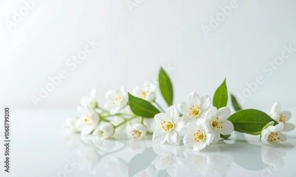 Fototapeta Delicate white jasmine flowers Reflective surface Minimalist composition