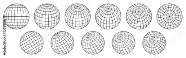 Fototapeta Globe grid spheres. Striped 3D wireframe spheres, geometry globe grid, earth latitude and longitude line grid vector symbols set