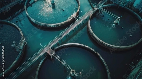 Fototapeta Aerial View Of Ity Station For Wastewater Treatment. A Lot Of Ponds With Dirty And Cleaned Wate