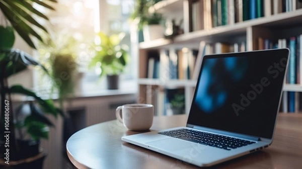 Obraz Laptop on a table with a white cup and a bookshelf  behind it.