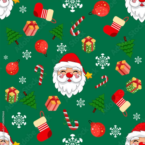 Fototapeta Seamless Christmas pattern with background design with Christmas ornaments, snowflakes, candies, stars , bells and Christmas trees Vector image