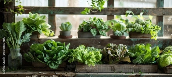 Fototapeta Fresh green vegetables arranged in a rustic display with warm lighting