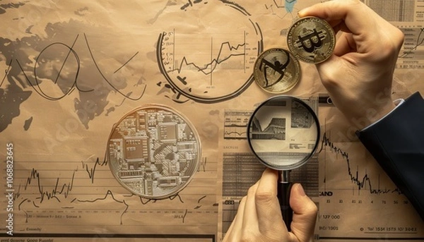 Fototapeta Exploring the Financial Rise: An Analytical Collage of Bitcoin Currency Growth