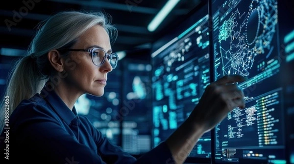 Fototapeta Focused woman analyzing data on a futuristic display in a dark environment.