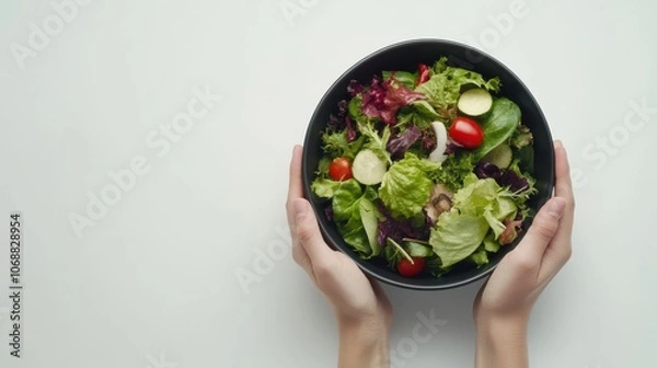 Fototapeta Hands holding fresh salad bowl with vibrant greens, tomatoes, and cucumbers, creating healthy and appetizing meal