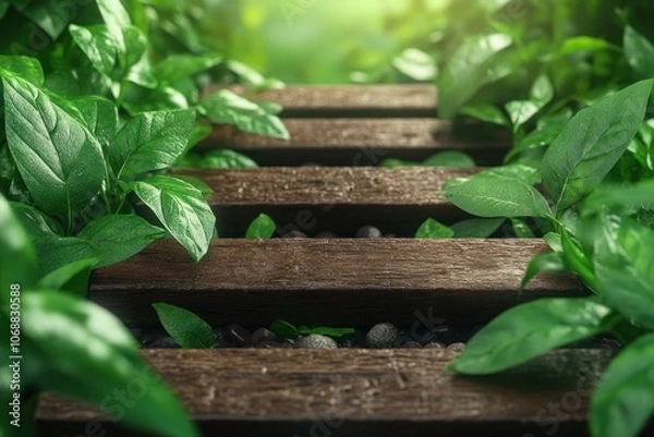 Fototapeta Embrace the Journey A Wooden Pathway Through Lush Greenery, Symbolizing the Path to New Beginnings, Inspired by a Vision of Freedom and Adventure