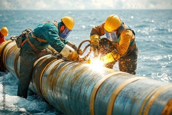 Fototapeta Welding team on a barge securing a pipeline across rough ocean waves