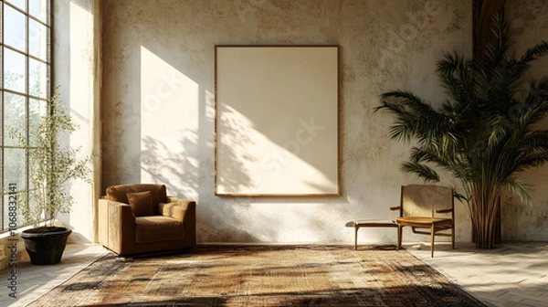 Obraz cozy interior featuring brown armchair, empty frame, and plants. Natural light enhances ambiance