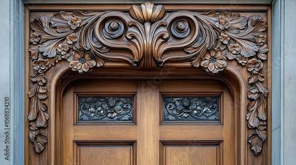 Fototapeta Intricate door frame with Art Nouveau motifs, flowing lines, floral details, and elegant craftsmanship