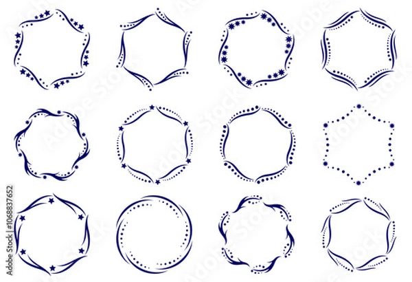 Fototapeta A set of twelve decorative frames of wavy lines, dots and stars. Round borders made of decorative elements. Circle pattern. Designer ornaments for holiday cards and invitations. Vector illustration.
