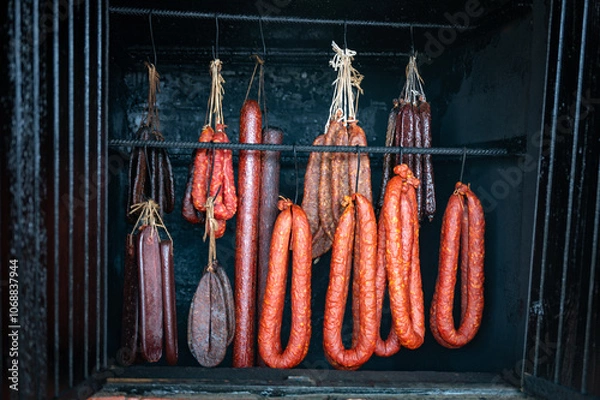 Fototapeta hanging rack of various types of sausages