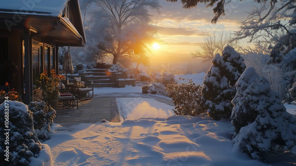 Obraz Serene winter evening snow covered home, garden, and patio under the setting sun