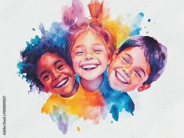 Fototapeta Colorful Watercolor Artwork Depicting Three Joyful Children