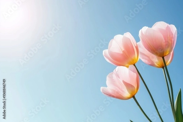 Fototapeta Three pink flowers are in the foreground of a blue sky. The flowers are in full bloom and are the main focus of the image. The blue sky in the background creates a serene and peaceful atmosphere