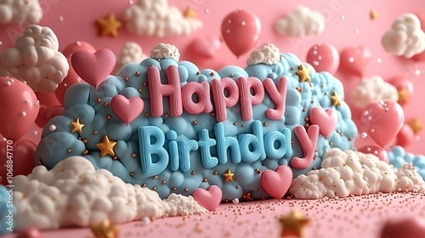 Fototapeta Playful Cartoon-Style 3D 'Happy Birthday' Text with Clouds, Hearts, and Floating Balloons on a Soft Pink Background - A Cute, Cheerful, and Animated Design with Stars and Pastel Colors