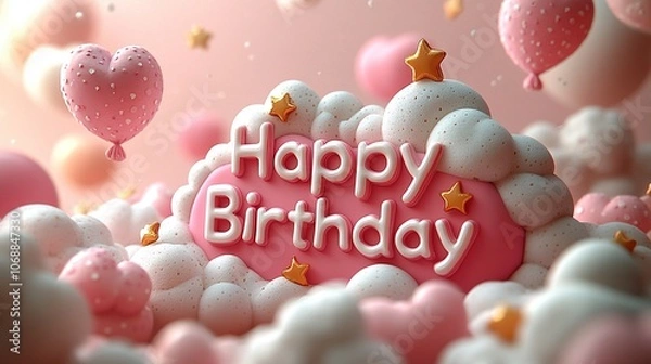 Fototapeta Playful Cartoon-Style 3D 'Happy Birthday' Text with Clouds, Hearts, and Floating Balloons on a Soft Pink Background - A Cute, Cheerful, and Animated Design with Stars and Pastel Colors