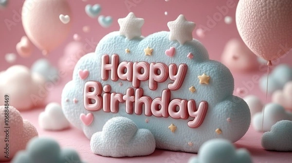 Fototapeta Playful Cartoon-Style 3D 'Happy Birthday' Text with Clouds, Hearts, and Floating Balloons on a Soft Pink Background - A Cute, Cheerful, and Animated Design with Stars and Pastel Colors