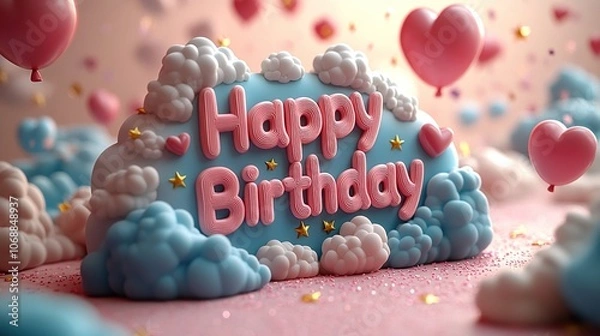 Fototapeta Playful Cartoon-Style 3D 'Happy Birthday' Text with Clouds, Hearts, and Floating Balloons on a Soft Pink Background - A Cute, Cheerful, and Animated Design with Stars and Pastel Colors