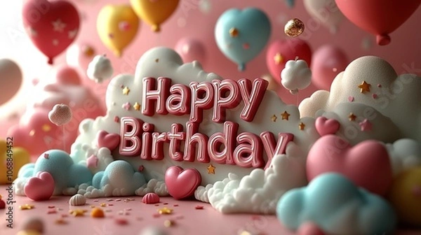 Fototapeta Playful Cartoon-Style 3D 'Happy Birthday' Text with Clouds, Hearts, and Floating Balloons on a Soft Pink Background - A Cute, Cheerful, and Animated Design with Stars and Pastel Colors