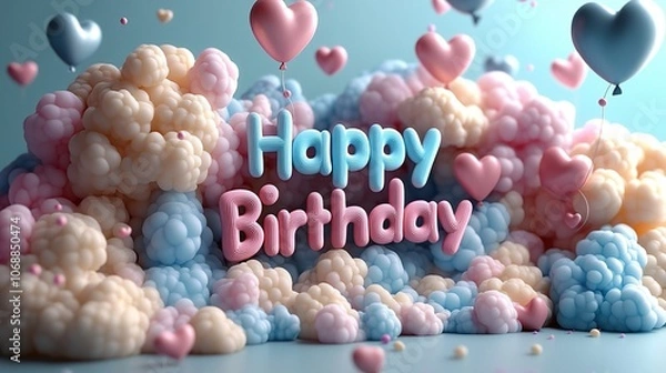 Fototapeta Playful Cartoon-Style 3D 'Happy Birthday' Text with Clouds, Hearts, and Floating Balloons on a Soft Pink Background - A Cute, Cheerful, and Animated Design with Stars and Pastel Colors