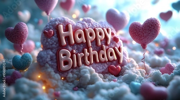 Fototapeta Playful Cartoon-Style 3D 'Happy Birthday' Text with Clouds, Hearts, and Floating Balloons on a Soft Pink Background - A Cute, Cheerful, and Animated Design with Stars and Pastel Colors