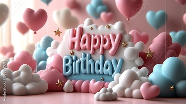 Fototapeta Playful Cartoon-Style 3D 'Happy Birthday' Text with Clouds, Hearts, and Floating Balloons on a Soft Pink Background - A Cute, Cheerful, and Animated Design with Stars and Pastel Colors