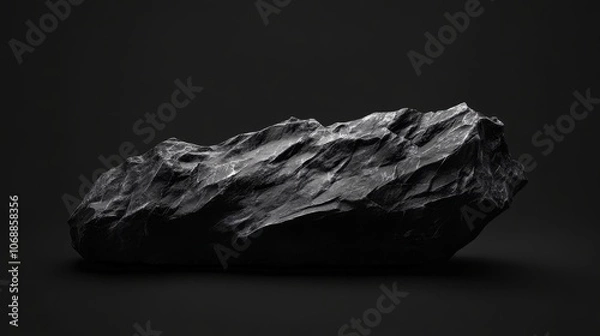 Fototapeta A large, dark rock sits on a black background.  The rock is illuminated by a single light source, creating a dramatic contrast.