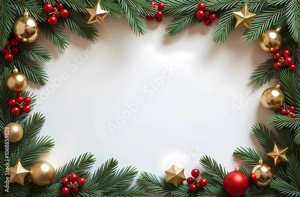 Fototapeta Christmas frame made of Christmas tree, balls and decorations with white background for text. Christmas card. Christmas background for text.