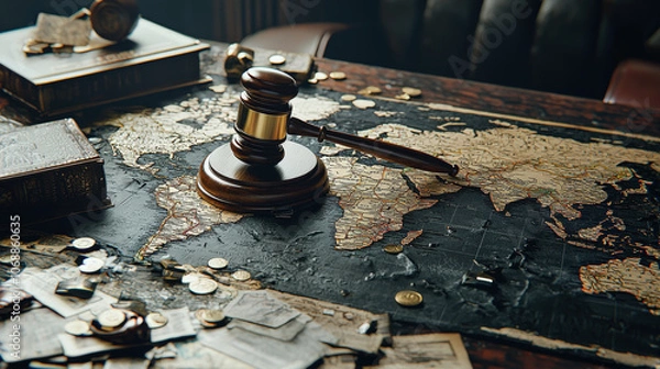 Fototapeta gavel rests on vintage world map, symbolizing justice and global governance. Surrounding gavel are coins and documents, representing fight against corruption