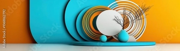 Fototapeta Abstract circle and line shapes on a neutral background, minimalist digital pattern