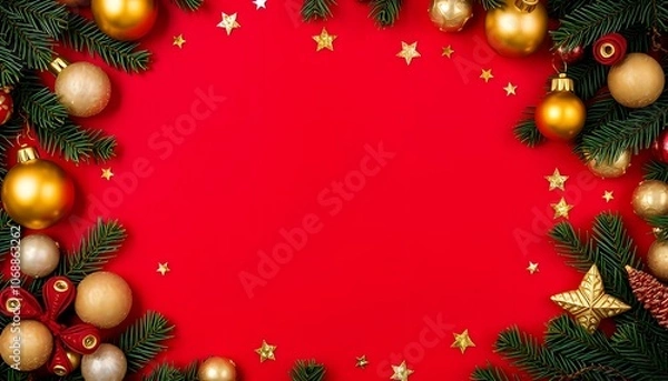 Obraz Title: Festive Border of Gold Christmas Ornaments and Pine Branches on Red Background

