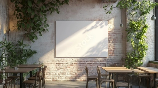 Fototapeta Blank canvas mockup in a trendy restaurant with exposed brick walls and lots of plants.
