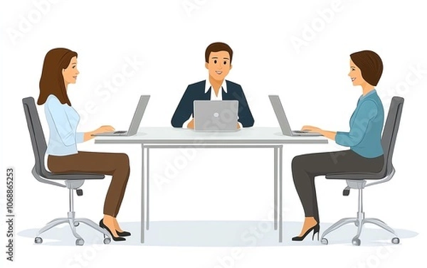Fototapeta Illustration of three colleagues sitting at a table in an office, working on laptops and having a conversation, modern design with simple shapes, white background