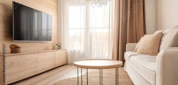 Fototapeta A cozy and modern living room featuring a comfortable sofa, minimalist coffee table, and a large television. Natural light filters through sheer curtains, creating a warm ambiance.