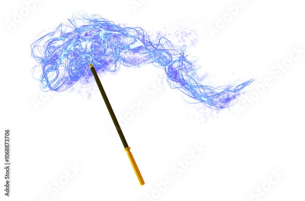 Fototapeta Realistic magic wand and and enchanted blue lights. Multicolored glowing plume of smoke, black abstract tansparent effect. Cartoon sorcery stick isolated. Celebration symbol. Png
