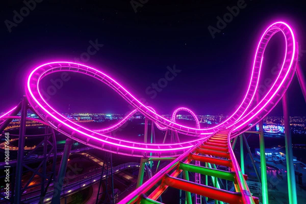 Fototapeta Crazy ride concept. Rollercoaster decorated with pink neon lights over night city background. Synthpop, cyberpunk style. Outdoor shot