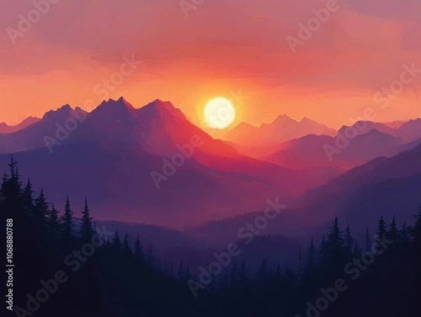 Fototapeta A breathtaking sunset over a mountain range, with the sun casting a warm glow across the sky.