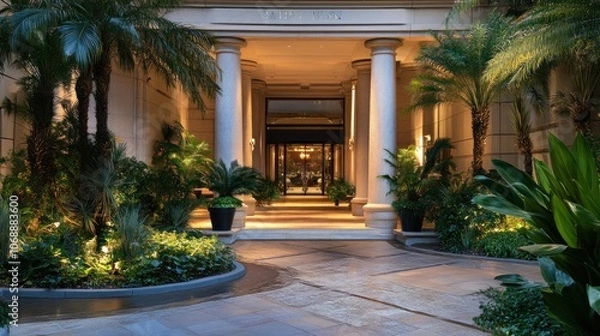 Fototapeta A luxurious hotel entrance with marble columns and lush landscaping,