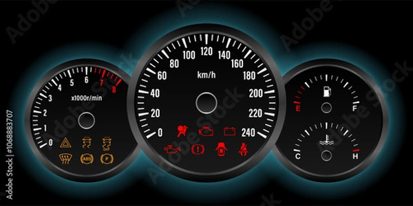 Fototapeta Car Dashboard. Car Panel Display. Car Speedometer Dashboard. Tachometer or Odometer Display. Vector Illustration.