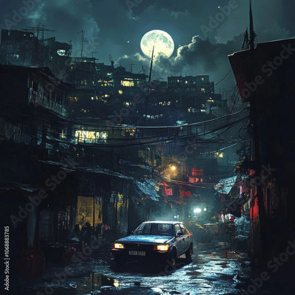 Fototapeta A car drives into the slum, its headlights casting eerie shadows under the moonlight, revealing a scene of stark contrast.