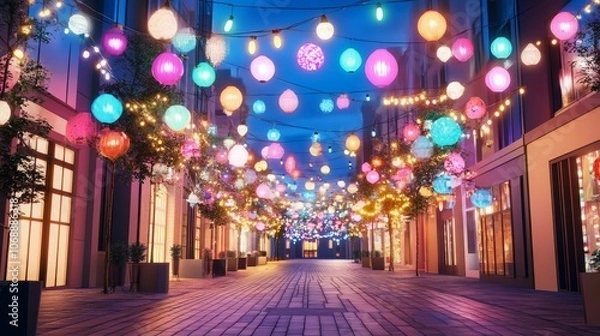 Fototapeta Vibrant street adorned with colorful lanterns and lights at night.